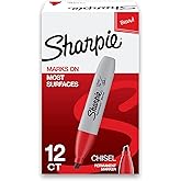 Sharpie Marker Permanent, Chisel Tip Permanent Marker Chisel, 12 Pack, Red Ink (38202)
