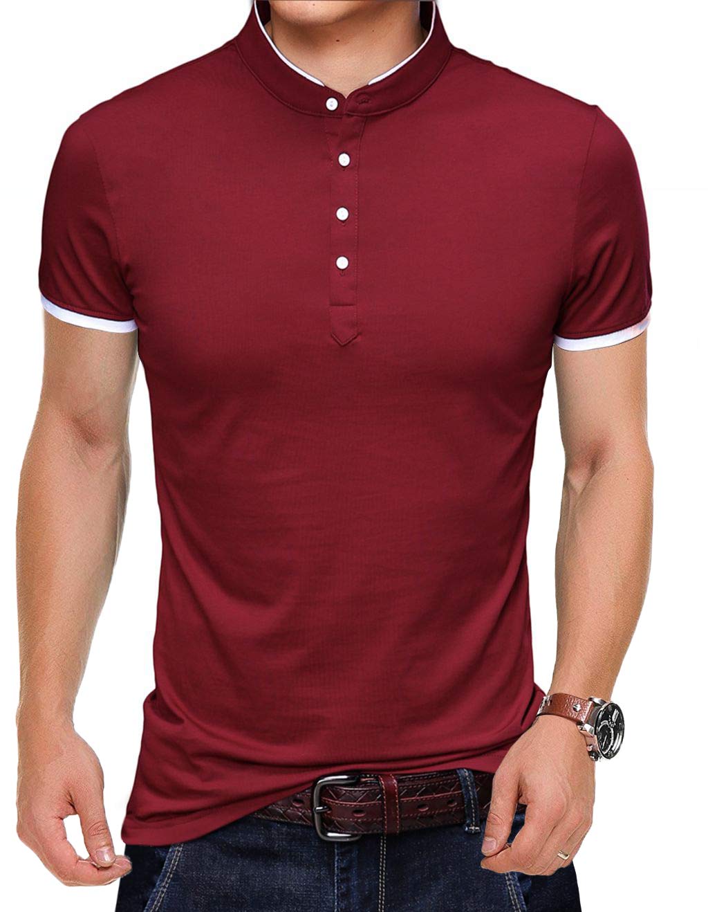 YTD Mens Summer Slim Fit Pure Color Short Sleeve