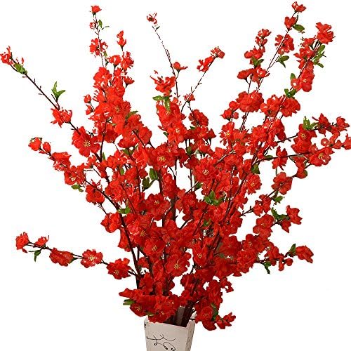 LBZEZR 50inch Artificial Cherry Spring Plum Peach Blossom Branch Silk Flower Tree Decor Red