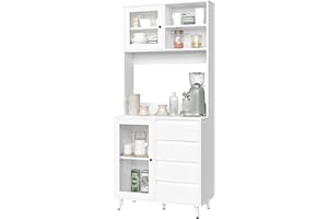 FACBOTALL 71'' Tall Kitchen Pantry Storage Cabinet with Large Countertop, Kitchen Buffet Hutch Cabinet with 2 Adjustable Shelves & Tempered Glass Doors, 4 Handless Drawers for Home, White