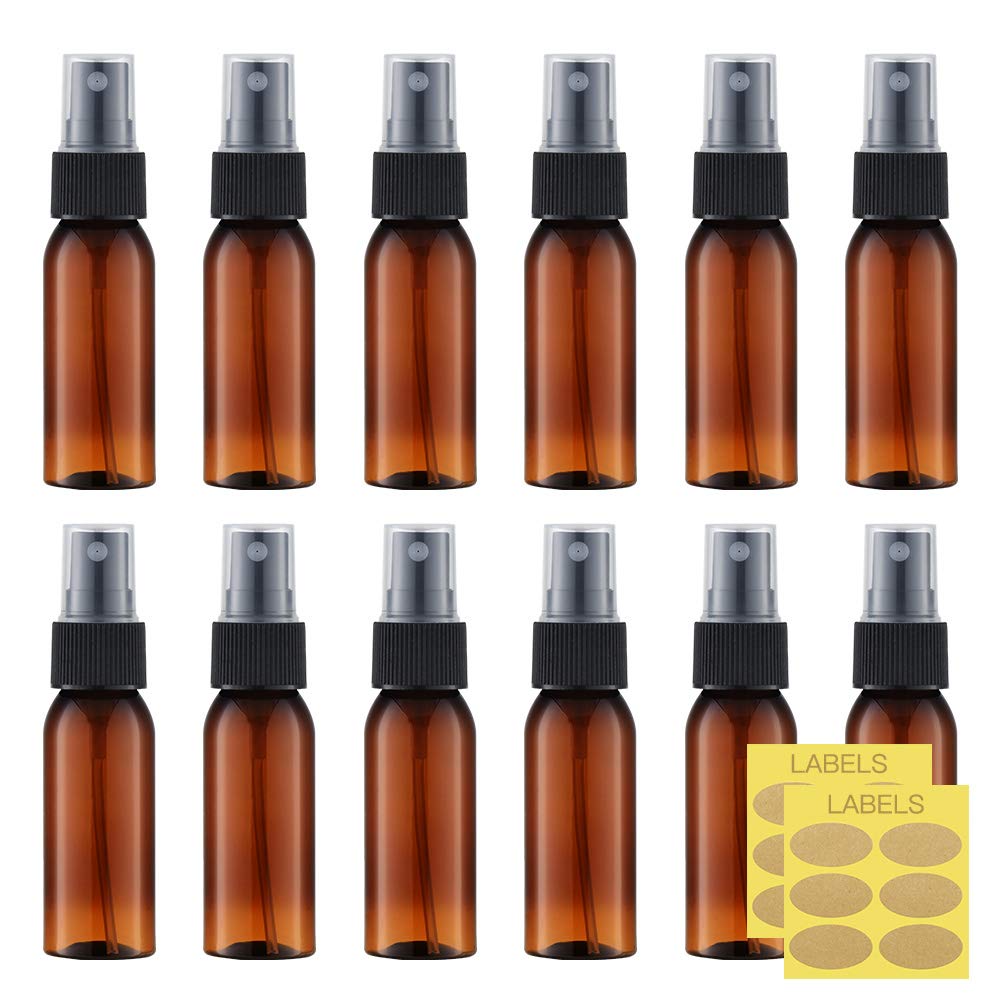 Toureal 30ML Amber Fine Mist Spray Bottle 12pcs Plastic Empty Travel Small Mister Refillable Dispenser, Spritzer Container for Cosmetics Brown