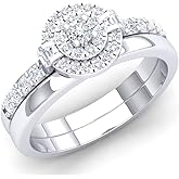 Dazzlingrock Collection 0.45 Ctw 10K Real Solid Gold Round & Baguette White Natural Diamond Women Bridal Halo Engagement Ring Set