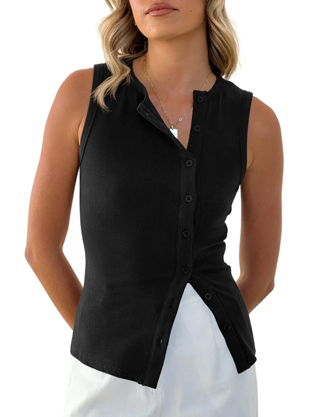 Photo 1 of Cicy Bell Womens Button Down Tank Tops Summer Sleeveless Vest Tops Trendy Ribbed Fitted Going Out Shirts Black