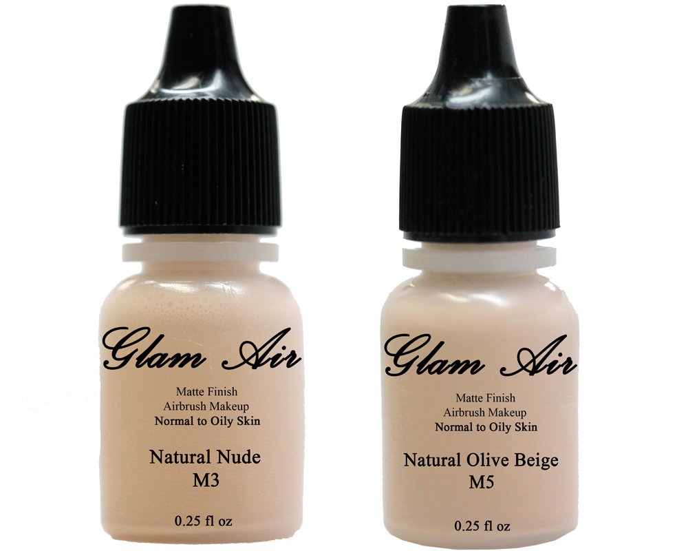 Airbrush Makeup Foundation Matte M3 Natural Nude and M5 Natural Olive Beige Water-based Makeup Long Lasting All Day Without Smearing Running, Fading or Caking 0.25 Oz Bottle By Glam Air