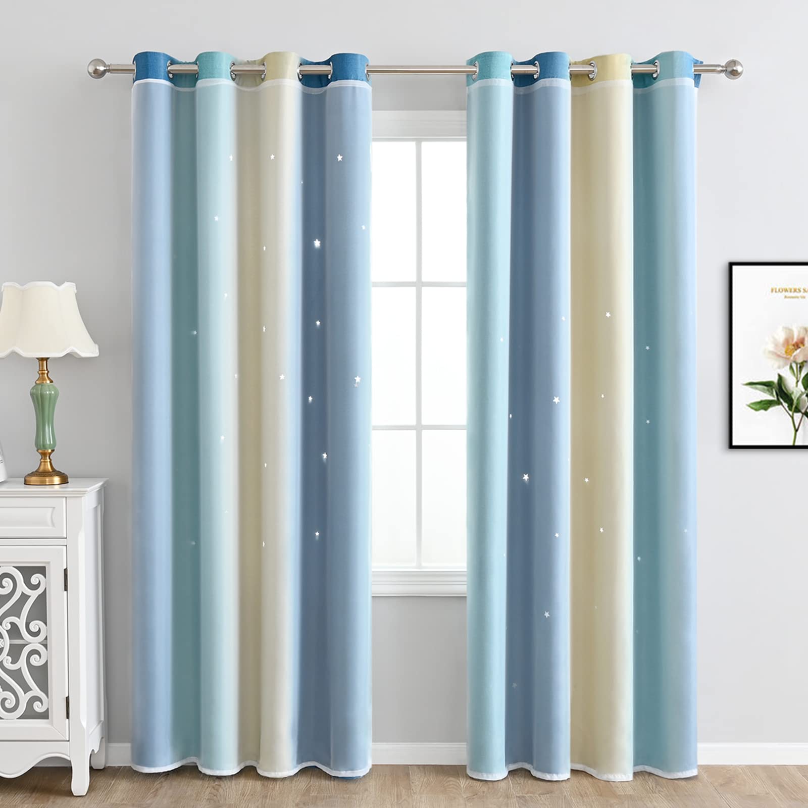 LiveGo Star Curtain Stars Blackout Curtain for Kids Girls Bedroom Living Room Colorful Double Layer Star Window Curtain 2 PANEL(100cm Wide x 130cm Drop) (blue, 2 Panels 40"x52")