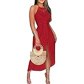CHICME Womens Summer Halter Dress Hollow Out A Line Vacation Dresses with Eyelet Embroidery & Side Slit