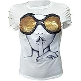 PESION Womens Short Sleeve T-Shirt Sequined Tops O-Neck Funny Graphic Tees Blouse
