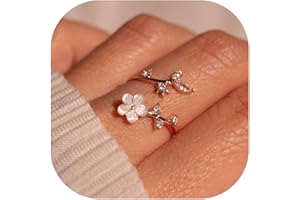 JALZEMPL Birthstone Flower Rings For Women Non Tarnish Gemstone Cubic Zirconia Mother of Pearl Adjustable Size 7-11 Silver Rose 14K Gold Plated Birth Jewelry Gift For Birthday
