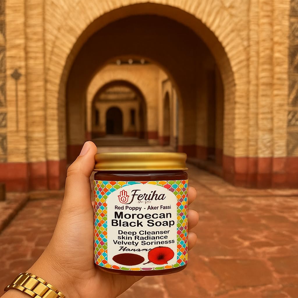 FERIHA Moroccan Black Soap with Aker Fassi – Red Poppy Petals & Pomegranate Shell – 100% Natural Artisan Beldi Hammam Soap for Radiance, Skin Firming & Deep Cleansing – Sourced & Crafted in Morocco