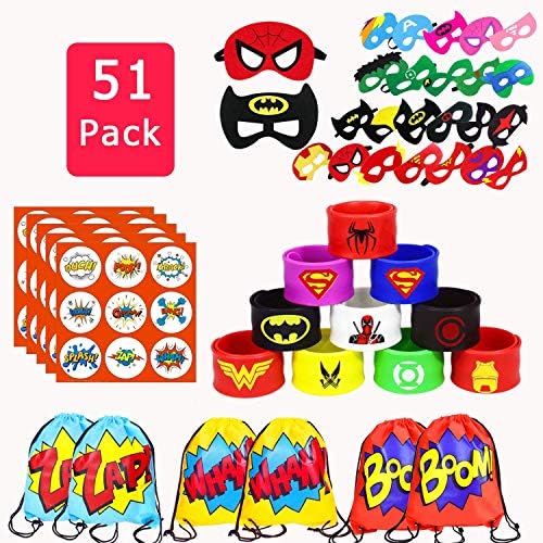 QULiTAN 51 Pack Superheroes Party Supplies, Superhero Band Bracelets Superhero Mask Party Bags Keyring and Stickers for Kids Birthday Superheroes Party Bag Fillers