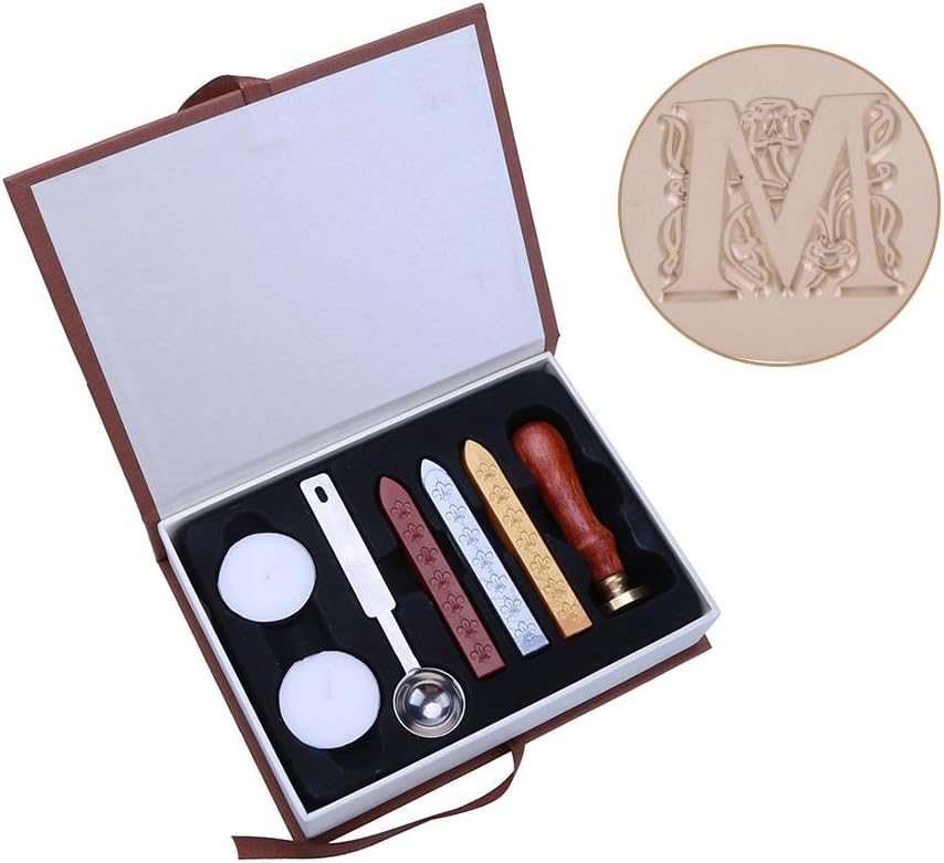 Prosperveil Wax Seal Stamp Kit Vintage Letters Alphabet Initials Flower Leaf Sealing Wax Stamp Sticks Spoon Candles Gift Box Set (Letter M)