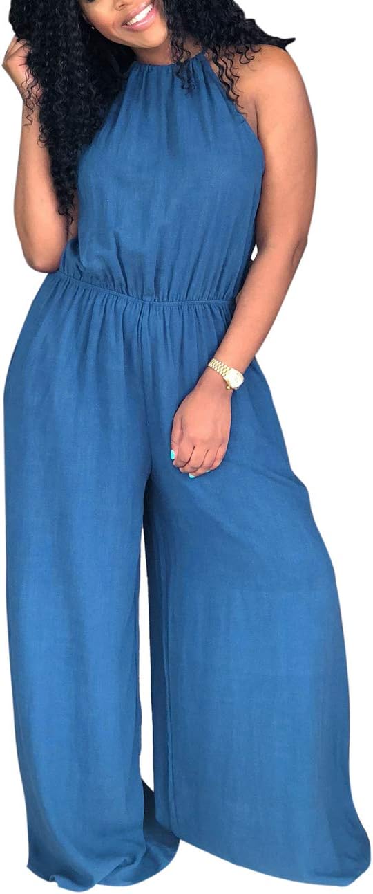 Women's Sexy Plus Size Jumpsuits Pockets Casual Loose Halter Stripes Wide Leg Long Palazzo Pants Denim Outfits