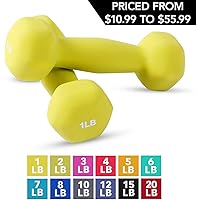 Neoprene Dumbbell Pairs by Day 1 Fitness - 12 WEIGHT OPTIONS, 1 - 20 LBS - Non-Slip, Hexagon Shape, Color Coded, Easy to Read Hand Weights for Muscle Toning, Strength Building, Weight Loss