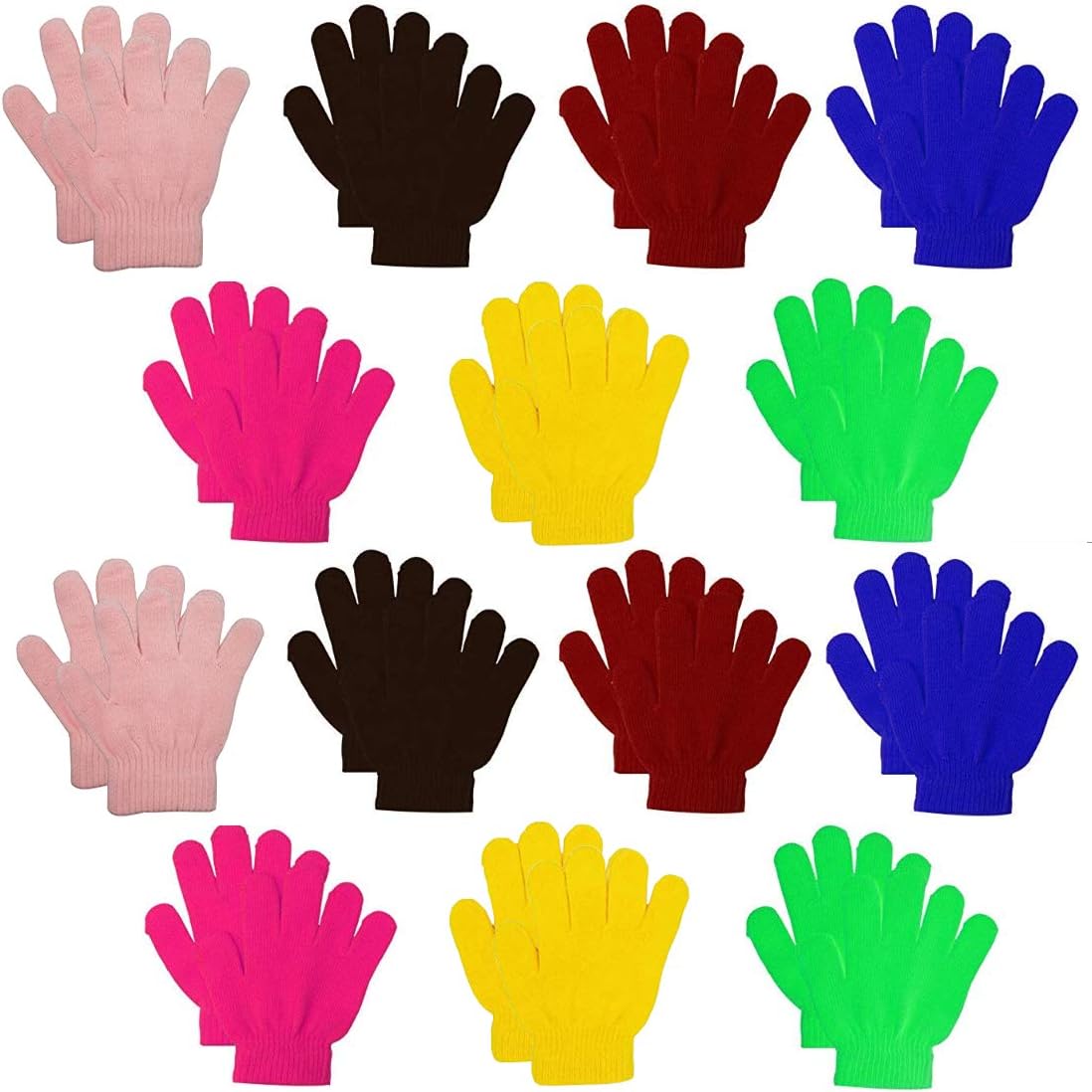 Kids Warm Magic Gloves,14 Pairs Boys Girls Winter Stretchy Knit Gloves (Mixed 7 Color, 6-12 Years)