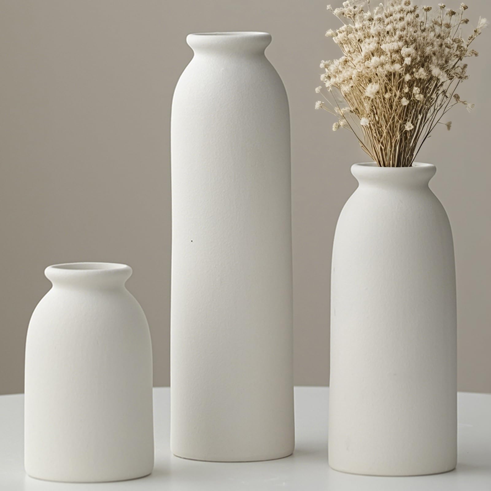 Photo 1 of 10.6 inches Tall Decorative Ceramic Vase Set, 3 Pieces, Nordic Modern Boho Style, White, for Home Decor (White)