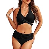 Womens High Waisted Bikini Sets Tummy Control Bathing Suits Push Up Swimsuits Modest Halter Two Piece Swim Suit 2025