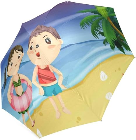 Customized Cartoon Couple On The Beach Folding Rain Umbrella Parasol Sun Umbrella Amazon Co Uk Sports Outdoors