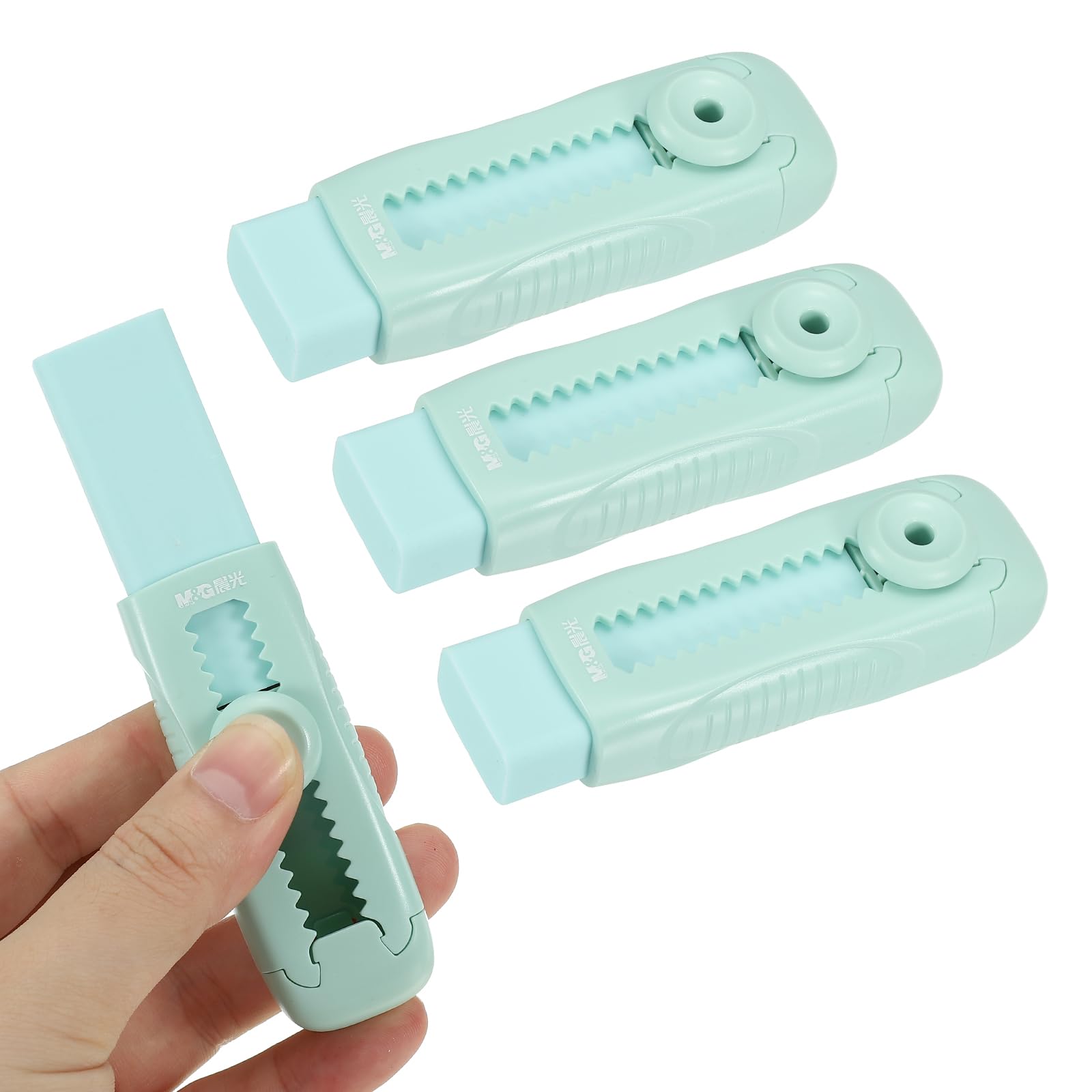 M&G 4 Pack Erasers, Green Sliding Retractable Eraser Push Pull Cute Pencil Erasers Soft Large Easy to Clean with Plastic Sleeve for Sketching Drawing Artists Teacher Pencils, Green