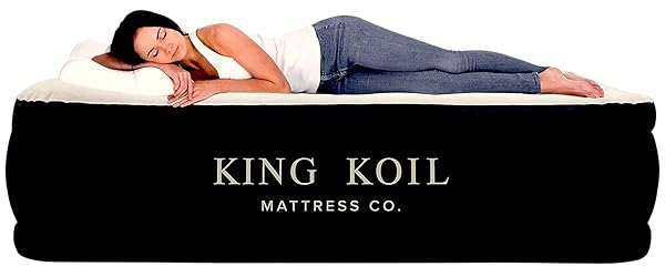 KING KOIL LUXURY PILLOW TOP PLUSH QUEEN AIR MATTRESS WITH BUILT-IN HIGH-SPEED PUMP BEST FOR HOME, CAMPING, GUESTS, 20″ QUEEN SIZE DOUBLE AIRBED ADJUSTABLE BLOW UP MATTRESS, WATERPROOF, 1-YEAR WARRANTY