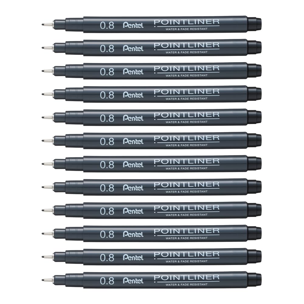 Pentel Arts Pointliner, 0.8mm Tip, Black Pigment ink, Pack of 12 pens
