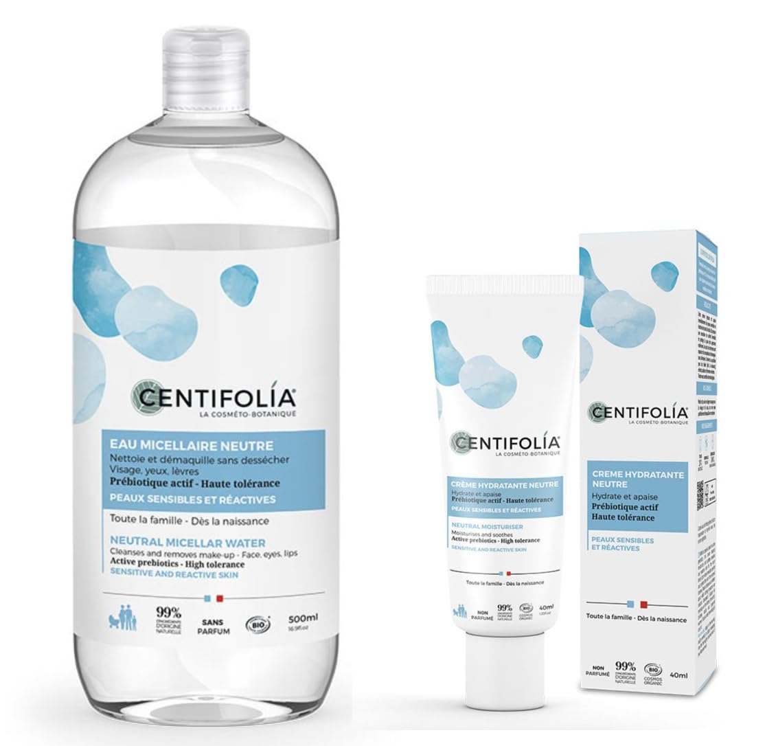 CENTIFOLIA | Neutral Micellar Water 500 ml + Moisturising Cream 40 ml | Removes Make-up & Soothes Sensitive Skin | Fragrance-Free | Made in France | Organic & Vegan