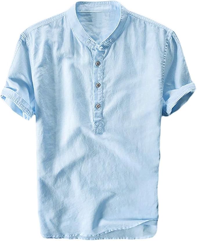 Enjoybuy Mens Henley Linen Shirts Short Sleeve Banded Collar Hidden