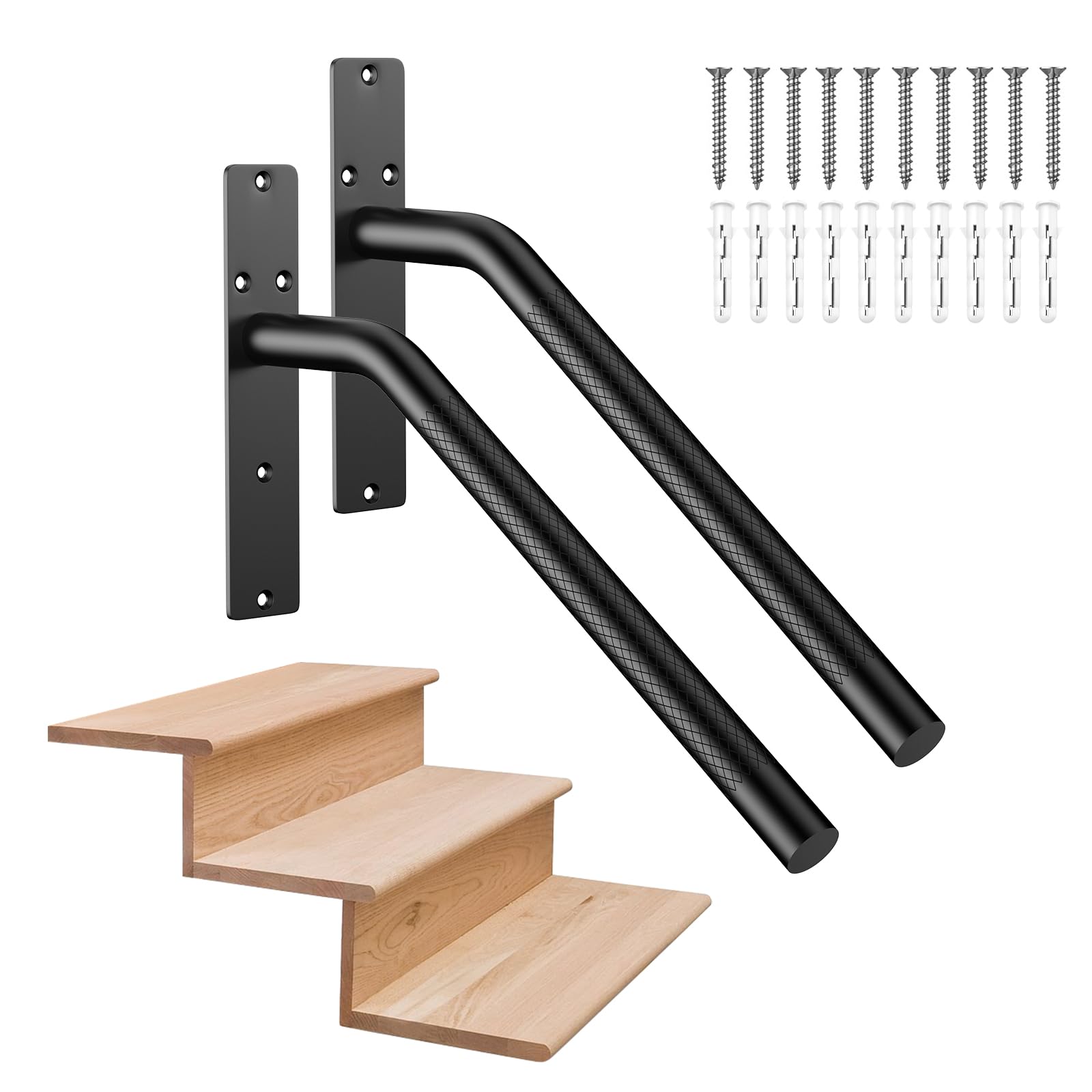 Photo 1 of 2 Pack 16 Inch Stair Handrails for 1-3 Steps, Munzong Black Stainless Steel Hand Rail for Stairs, Wall Mounted Knurled Safety Grab Bar for Outdoor Garage Entry Interior Exterior Stairway- 1.25” Tube