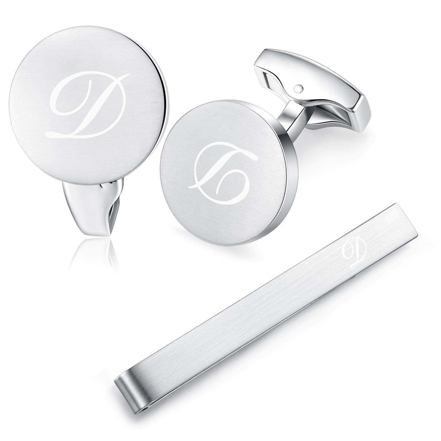 HONEY BEAR Initial Alphabet Letter Cufflinks Tie Clip Set for Mens - Round Stainless Steel, for Business Wedding Gift,Brushed Silver (D)