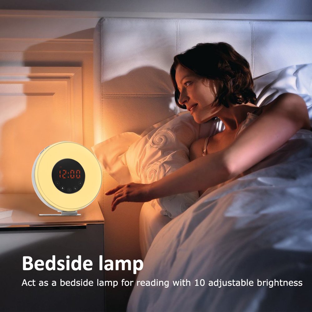 Ifecco Despertador despertador con luz del sol y simulación, noche de la luna del LED más 7 color que cambia la alarma de radio de la ayuda FM, control del tacto