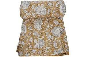 V Vedant Designs Floral Print Beautiful Kantha Quilt Indian Hand Block Kantha Quilt Reversible Cotton Bedding Bedspread Queen Size Vintage Kantha Gudari (Brown, Queen)