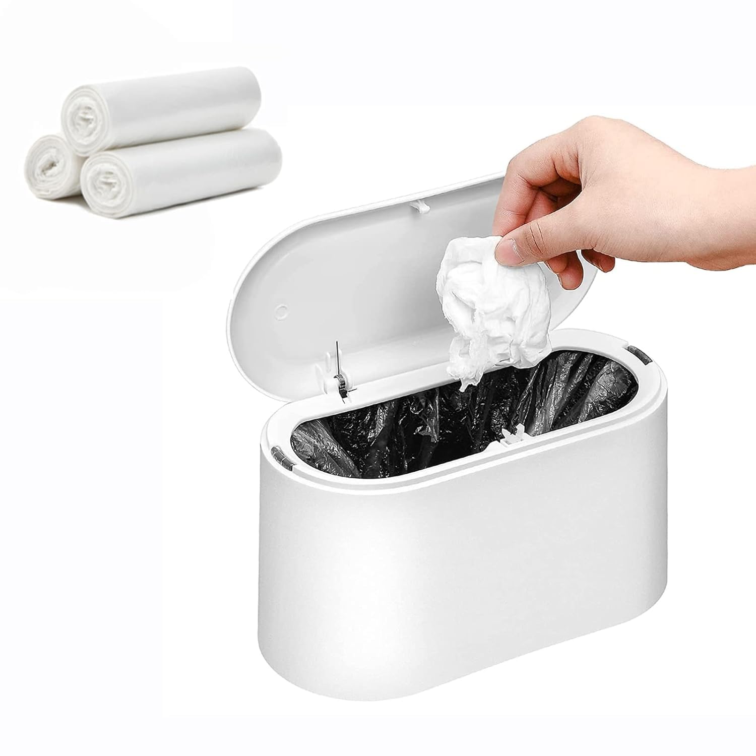 Photo 1 of *MAJOR DAMAGE - Lid is broken off at the hinge*
SUBEKYU Mini Trash Can with Lid,Small Desk Trash Can,Countertop Mini Garbage Cans,Tiny Waste Basket,White,with 3 roll Bags