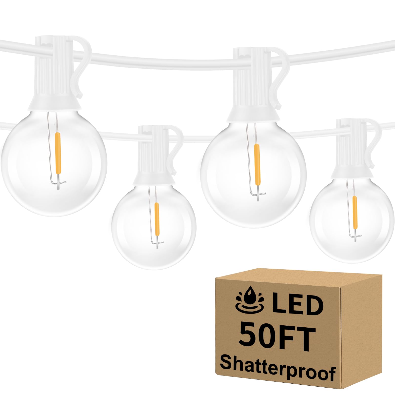 Bosceos Outdoor G40 LED Globe String Lights 50FT Dimmable Shatterproof Waterproof Patio Lights with 25+2 Bulbs Connectable Commercial Hanging Light for Patio Balcony Backyard Party (White Wire) Image