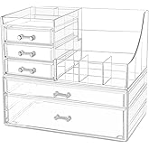 Cq acrylic 2 Pack Clear Make Up Organizers for Vanity,Stackable 5 Drawers Make Up Organizer,Cute Desk Organizer for Vanity Jewelry,Hair Clip,Beauty,Skincare Product Dresser Acrylic Drawer Organizer