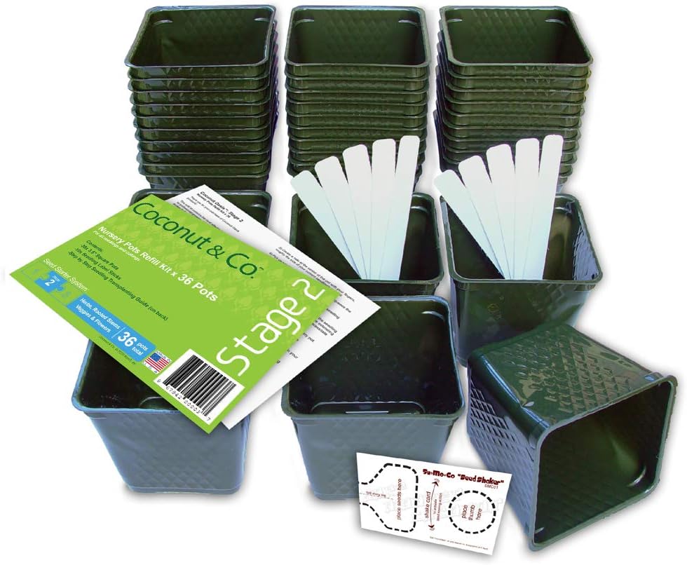Set of 36 Plastic Nursery Plant Pots,"Seed Shaker" Card and 10 Plant Labels. Color: Green, Seedling Containers by Coconut & Co. Stage 2
