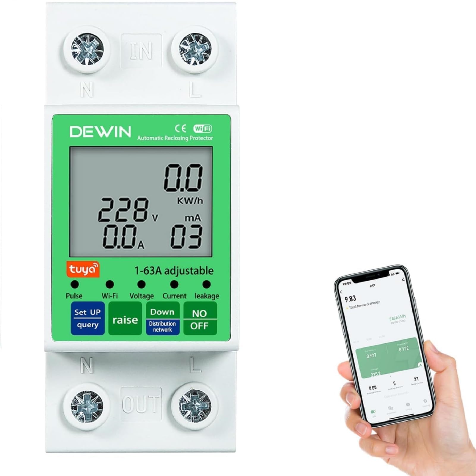 DEWIN Smart Meter, Wifi Smart Energy Meter Electric Meter Timer Switch Circuit Breaker with Over-Voltage and Under-Voltage Protection 2P 63A AC 80-300V