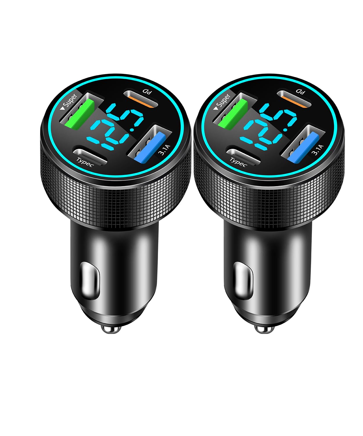 2 Packs of 66W USB C Car Charger 4 Port Car Charger Adapter with 30W PD, 3.1A Aluminium Alloy Car Cigarette Lighter USB Charger with LED Voltmeter Compatible with Phone 15 14 13