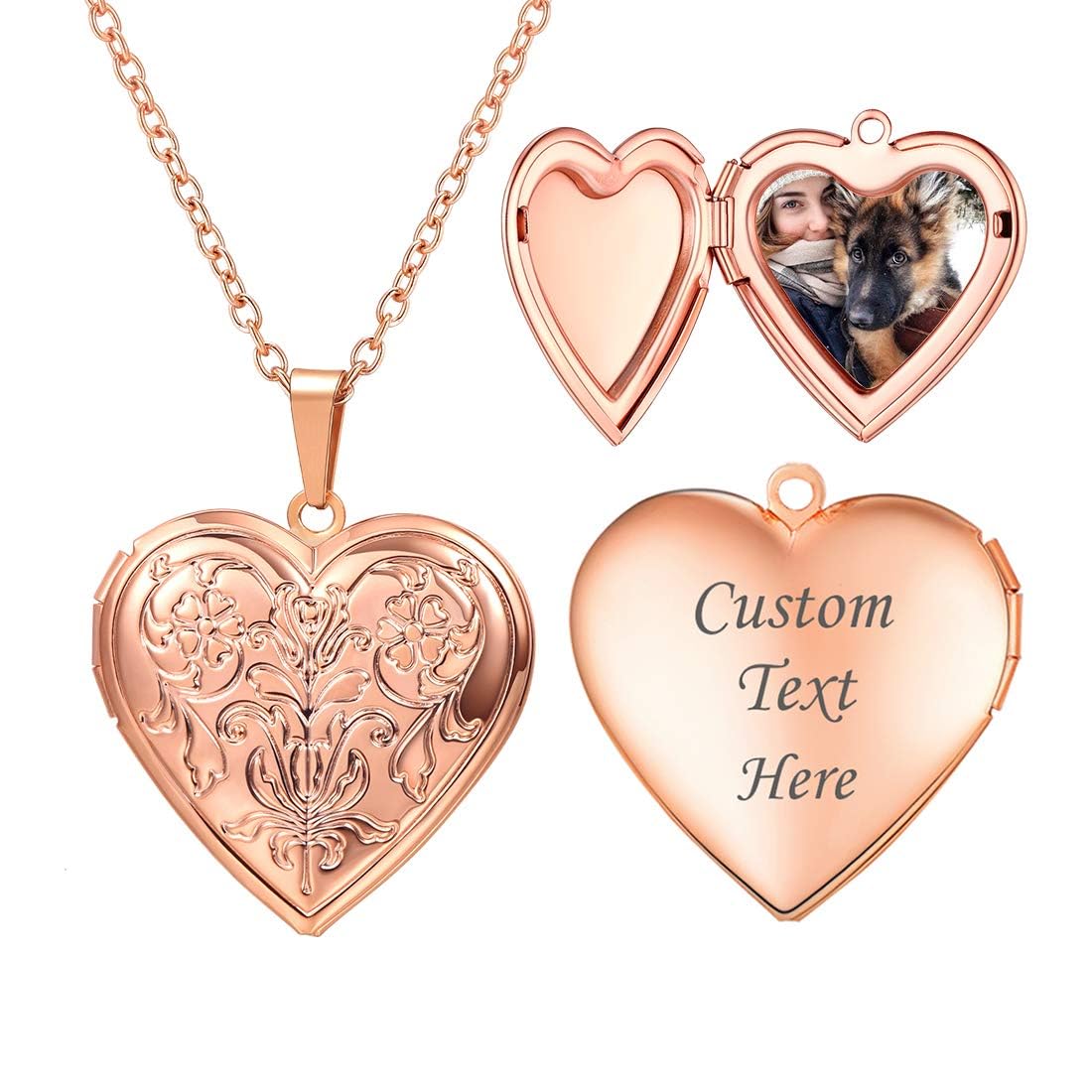 U7 Heart Locket Necklace Personalised Jewellery with Photo Inside Rose Gold — image 1