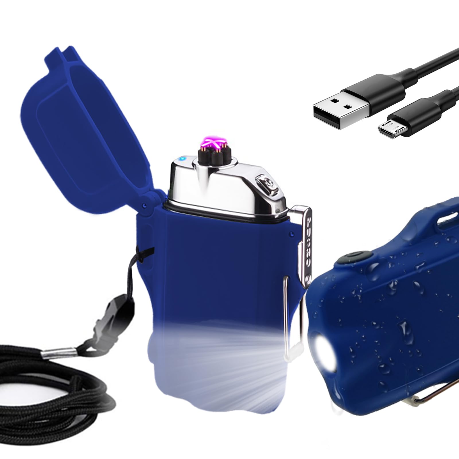 SKRFIRE Windproof & Waterproof Dual Arc Electric Lighter with LED Flashlight, Rechargeable USB Flameless Plasma Lighter with Lanyard for Camping & Hiking (Blue)