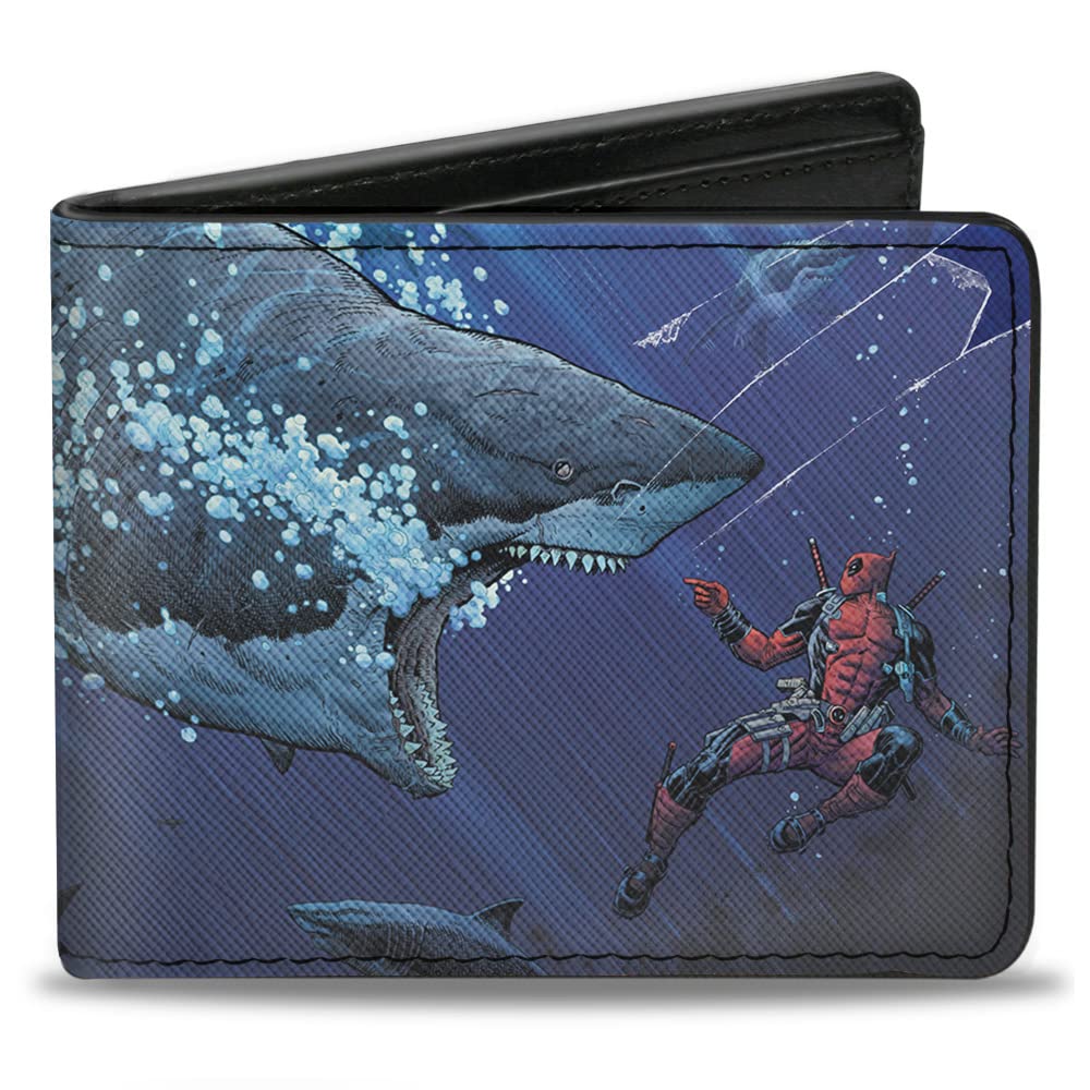 Buckle-Down Men's Marvel Comics Wallet, Bifold, Deadpool Underwater Shark Scenes Blues, Vegan Leather, 4.0" x 3.5", Deadpool, 4.0" x 3.5", Marvel Comics Wallet, Bifold, Deadpool Underwater Shark