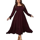 CICIDUDU Womens Plus Size Flowy Maxi Dress Long Sleeve Square Neck Smocked A Line Formal Long Dresses for Women Wedding Guest