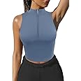 LASLULU Womens Half Zipper Workout Top Racerback Yoga Short Tank Tops Collar Athletic Shirt Slim Fit Crop Tops Built in Bra