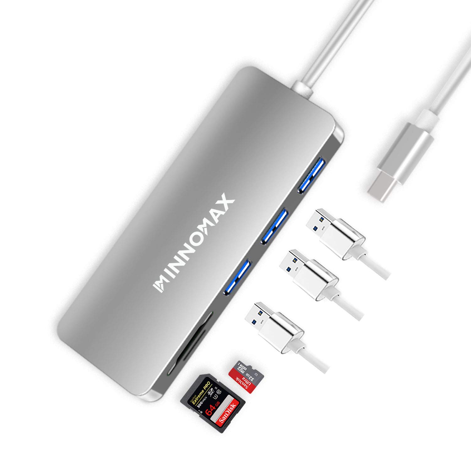MacBook Pro USB C Adapter,Macbook Pro USB C Hub, INNOMAX MacBook USB Type C Hub（Silver) with Mini SD Card Reader, SD Card Reader, 3 USB 3.0 Ports for 2016, 2017 MacBook PRO,Chromebook Pixel, and more