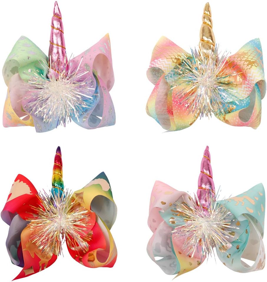 4PCS Large Big Tinsel Foil Hair Bows Grosgrain Ribbon Rainbow Bow Alligator Hair Clips Unicorn Hair Bows For Baby Girls Toddlers Kids Teens