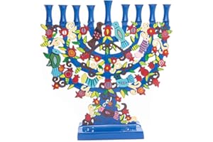 WORLD OF JUDAICA Yair Emanuel Large Blue Menorah with a Tree Design and Birds in Lazer-Cut Metal