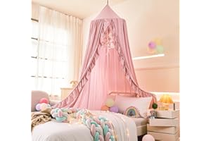 Mengersi Bed Canopy for Girls,Ruffled Canopy Bed Curtains Canopy for Girls Room,Hanging Canopy Princess Play Tent for Reading Nook Play Room Decor (Beige Pink)