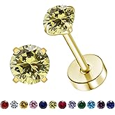 VDKIDKT Natural Birthstone Stud Earrings for Women Teen Girls, Small 3mm CZ Stud Flat Back Earrings, Screw Back Tiny Earrings Studs, Cartilage/Tragus/Second Hole Earrings