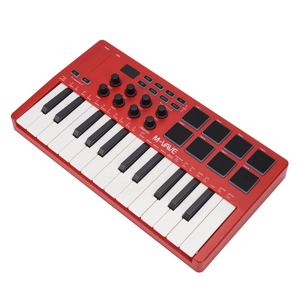 M-VAVE SMK-25RD - 25 Key USB MIDI Keyboard Controller with 8 Backlit Drum Pads, Bluetooth, 8 Keys, Professional Dynamic Keys, Red​