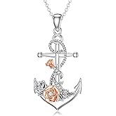 LWXIE Diamond Anchor Necklace for Women 925 Sterling Silver Anchor and Rose Flowers Pendant Necklace Nautical Jewelry Gifts for Mom Wife Girlfriend Daughter Sister
