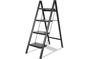 TOOLITIN 4 Step Ladder, Folding Step Stool for Adults with Wide Anti-Slip Pedal, Lightweight, Perfect for Kitchen& Household, Library Office,330lbs Capacity Sturdy Steel Ladder,Black