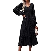 PRETTYGARDEN Women's Spring Dresses Long Sleeve V Neck Swiss Dot Empire Waist Chiffon Dress Ruffle Smocked Midi Dresses